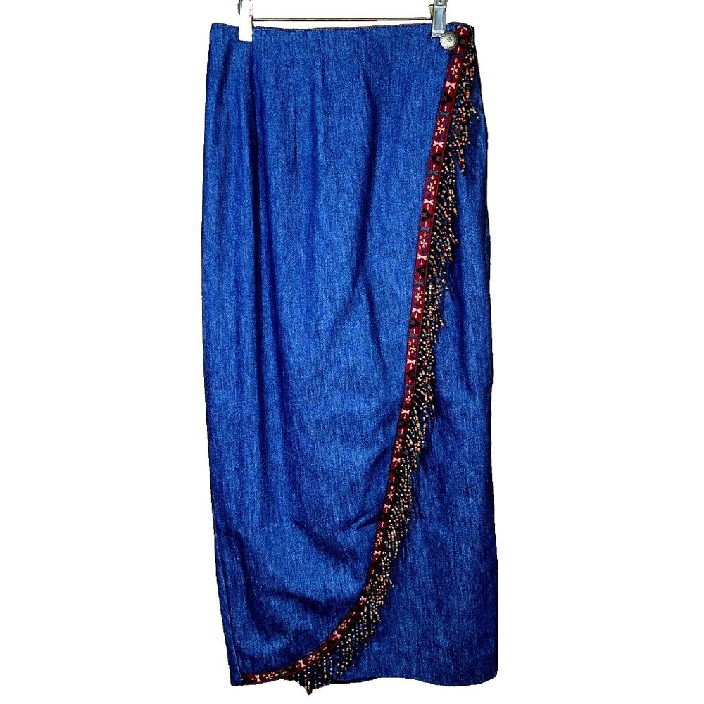 VTG Pine Cove Denim Wrap Maxi Skirt Aztec Fringe Western Boho Spring 2026 Trend